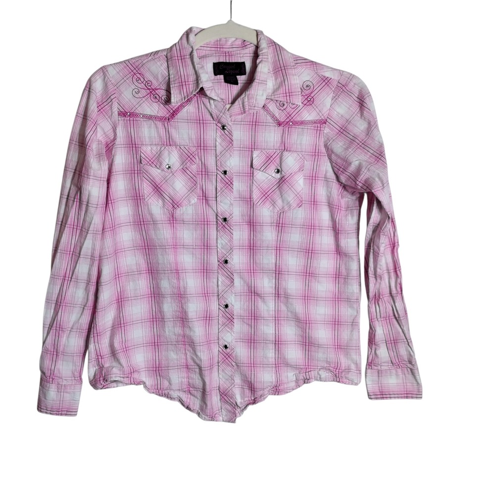 Cowgirl Legend Pink Plaid Western Snap Shirt Rhinestone Embroidered Womens XL